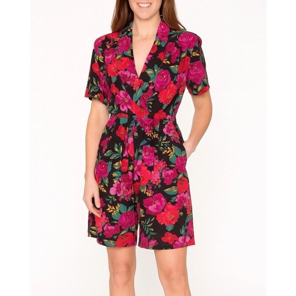 Vintage Black Floral Romper Short Sleeve Buttons Pockets